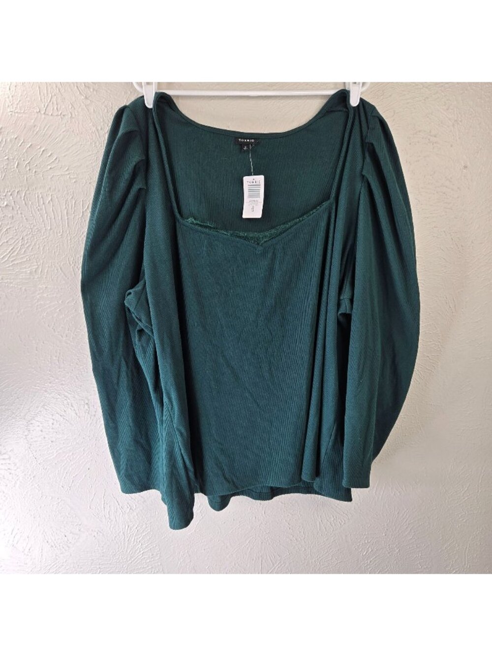 NEW Torrid Long Sleeve Top Plus Size 5X Dark Green Lace Ribbed Puff Sleeve Shirt